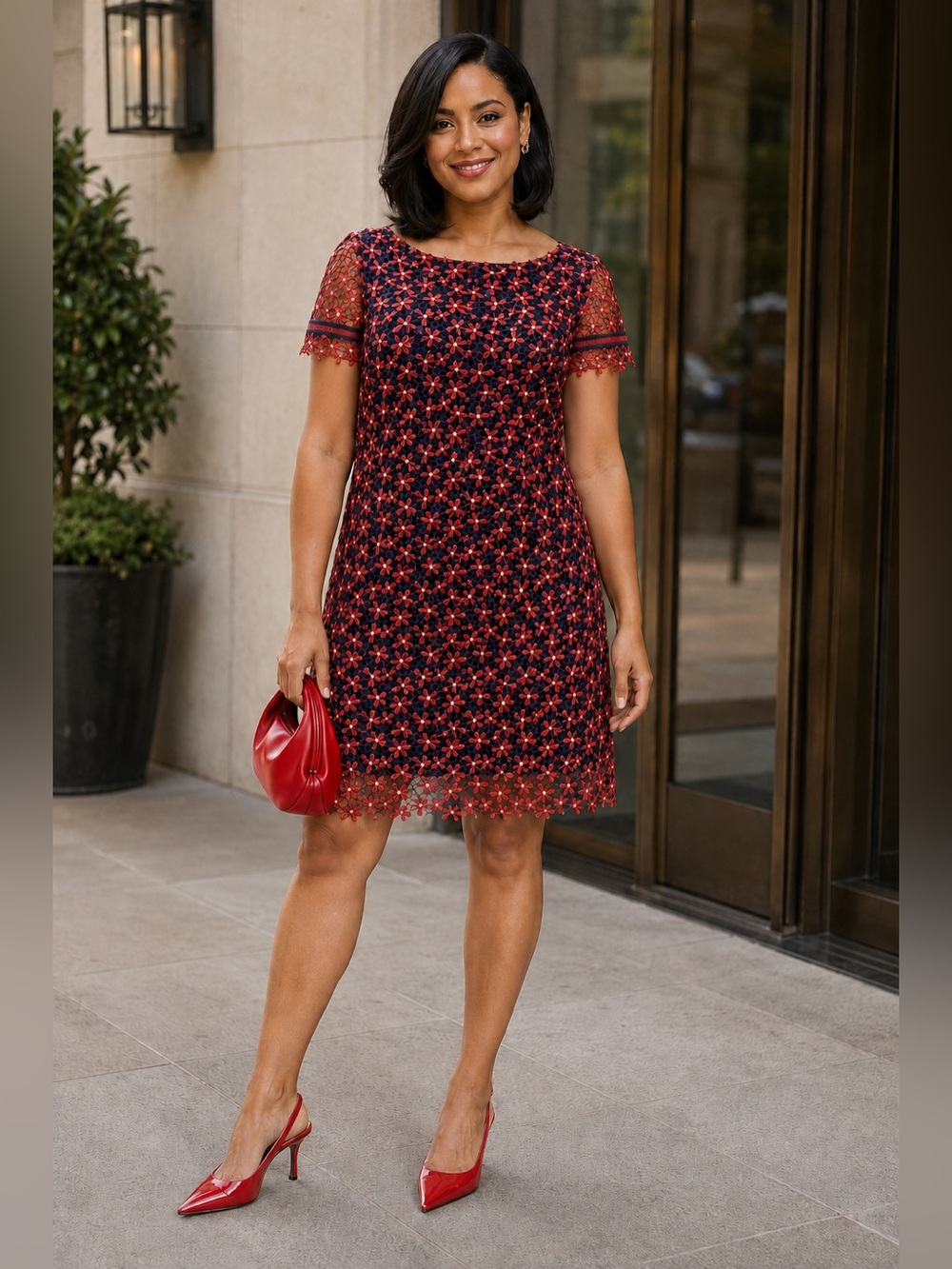 NWT Tahari ASL Red Navy Daisy Floral Lace Shift Dress 10 Wedding Guest Cocktail